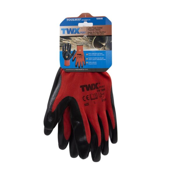 TWXPERT - 1Dz. Knitted Polyester Gloves Red With Nitrile Black Pu Palm